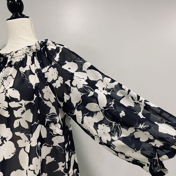 CHAPS 2X Women’s Navy White Floral Sheer Peasant Cottagecore Chic Beachy Blouse - Picture 5 of 15